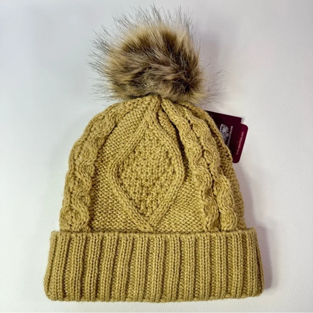4/$25••NEW Women's Angela & William Faux Fur Pom Chunky Knit Cuffed Beanie Tan